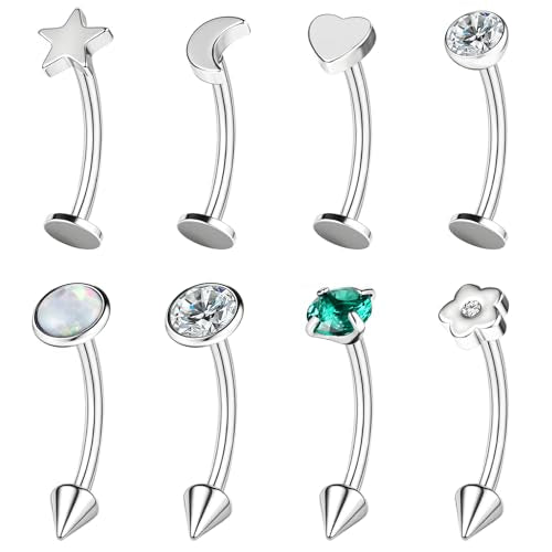ZS 8Pcs 16G Eyebrow Piercing Jewelry Spike Eyebrow Ring, Stainless Steel Curved Barbell Flat Back Lip Stud Daith Rook Piercing for Women Men 8mm 10mm - color: Sliver, size: L:8mm