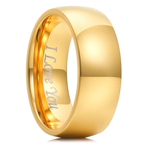 King Will 316L Stainless Steel Wedding Band for Men Women Size 4-15 | 2-8mm Width, Black/Sliver/Gold Plated, Laser I Love You, High Polished, Dome Style, Promise Ring Comfort Fit Promise Gift - color: B-Gold-Plated-8mm