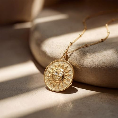 MEVECCO Layered Heart Necklace Pendant Handmade 18k Gold Plated Dainty Gold Choker Arrow Bar Layering Long Necklace for Women - style: Layer Sun Face