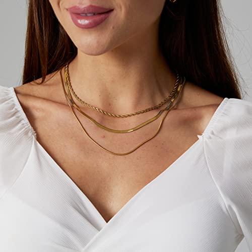 Herringbone Choker Necklace Set Double Layer Snake Chain Herringbone Chain Necklace Layering Necklace Set Cuban Chain Necklace for Women - style: 3Layered Snake+Rope-GD