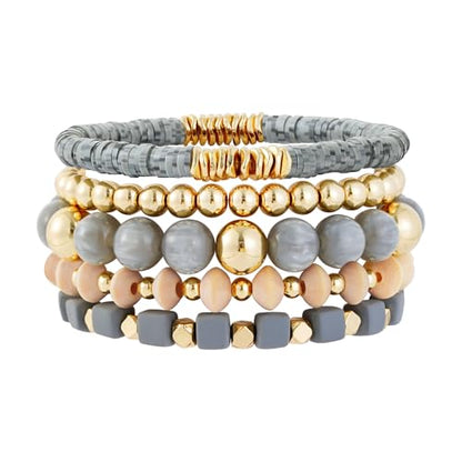 Boho Beaded Stretch Bracelets For Women Stackable Crystal Gold Plated Beaded Bracelets Set Trendy Handmade Friendship Braeclet Jewelry Gifts - color: F-Wooden bead set