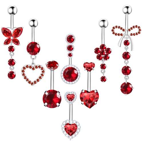 BSJ4U 8Pcs Gold Pink Silver Belly Button Ring Dangle Navel Belly Piercing Jewelry Cute CZ Butterfly Heart Flower Bow Navel Belly Rings for Women 14G Hypoallergenic Surgical Stainless Steel Dainty Dangling Dangly Belly Button Piercing Pack - color: Red Bel