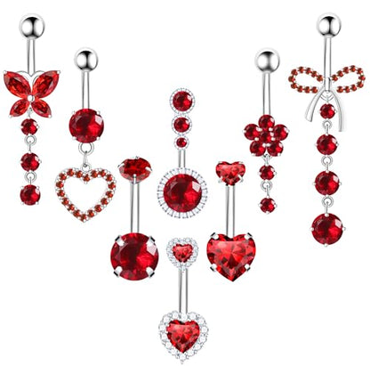 BSJ4U 8Pcs Gold Pink Silver Belly Button Ring Dangle Navel Belly Piercing Jewelry Cute CZ Butterfly Heart Flower Bow Navel Belly Rings for Women 14G Hypoallergenic Surgical Stainless Steel Dainty Dangling Dangly Belly Button Piercing Pack - color: Red Bel