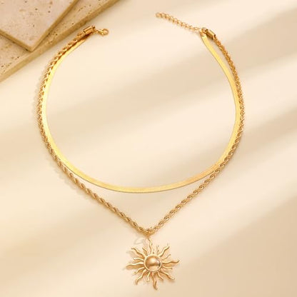 Sun Necklace for Women 14K Gold Silver Plated Layered Charm Necklace Double Chain Charm Pendant Necklaces Trendy Daily Wear Statement Jewelry Gift - color: Gold