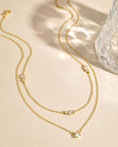 Gold Necklace Stack, Layered Gold Necklaces for Women Jewelry Set | 14K Gold Plated, Separate Chains, Pendant, Dainty, Non Tarnish, Delicate, Chain, Multi, Gift - color: 2 Layer-Solitaire Bar Gold