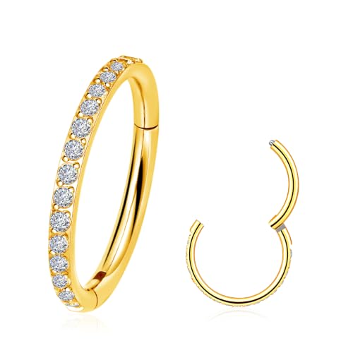20G 18G 16G Titanium Hoop Nose Ring, Hinged Silver Gold Cartilage Hoop Earrings for Women, Clear CZ Conch Tragus Helix Earrings Septum Nose Piercing Jewelry 6/8/10mm - color: Gold, size: 16g-8mm