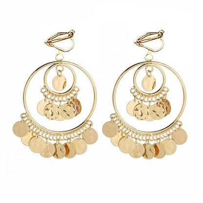 Clip On Boho Disc Tassel Long Dangle Drop Earrings for Women Non Pierced Ear Fake Stud Fashion Round Coin Hollow Circle Moon Shaped Big Dangling Hypoallergenic Jewelry Christmas Gift - color: Gold