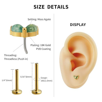 1PC ASTM F136 Titanium Piercing Jewelry for Tragus Conch Helix Flat Labret 18G 6mm 8mm, Cartilage Earring Flatback Stud - color: Moss Agate Grass - Gold