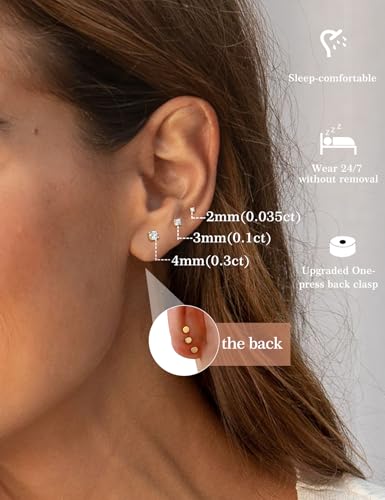 3 Pairs Moissanite Flatback Stud Earrings for Women, 925 Sterling Silver Hypoallergenic Flat Back Cartilage Earrings Set, 18K White Gold Plated - color: 14K Gold, size: 2,3,4mm