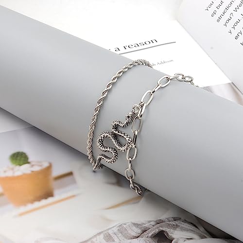 2PCS Boho Layered Snake Chain Ankle Bracelet Set for Women,Adjustable Chunky Snake Pendant Paperclip Chain Ankle Bracelet Trendy Beach Jewelry