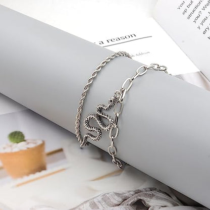 2PCS Boho Layered Snake Chain Ankle Bracelet Set for Women,Adjustable Chunky Snake Pendant Paperclip Chain Ankle Bracelet Trendy Beach Jewelry