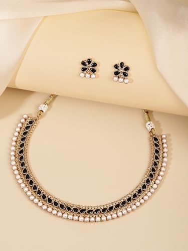 Aheli Ethnic Faux Kundan Pearl Fancy Bridal Choker Necklace Indian Traditional Bollywood Jewelry Set with Earrings Gift for Women - color: Blue