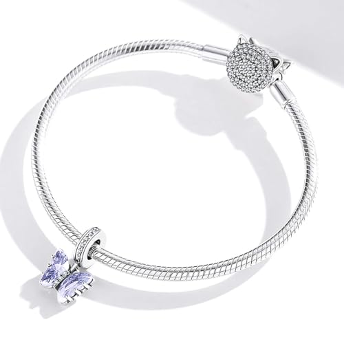 BISAER 925 Sterling Silver Charms for Bracelets Cat Dog Sloth Animal Beads Butterfly Fairy Heart Dangle Pendant Charms - color: Butterfly-Blue
