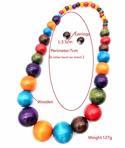 Colorful African Wooden Beaded Choker Neckalce Drop Dangle Earrings Set Chunky Strands Beads Large Bib Collar for Women 60's 70s Wedding Bohemain Jewelry - color: wood