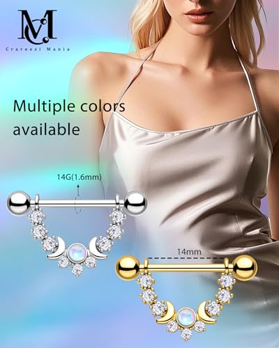 CM Crareesi Mania Opal Nipple Rings 316L Stainless Steel Nipple Shield Ring for Women 14G Moon Phase Nipple Piercing Jewelry - color: Silver-Double Moon