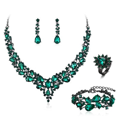Wedding Bridal Jewelry Set for Women Bride Bridesmaids | Gorgeous Austrian Crystal Teardrop Cluster Statement Necklace Dangle Earrings Link Bracelet Set Prom Jewellery - color: 4Pcs- Emearld Color Black-Tone