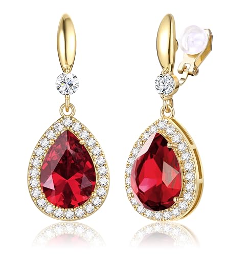 THUNARAZ Clip on Dangle Earrings for Women, Rhinestone Wedding Prom Jewelry | Clip Earrings Non-Pierced, Teardrop Dangle Earrings, Crystal Drop Earrings, Elegant Rhinestone Jewelry for Bride Bridesmaid - color: Gold Tone/Red Stone