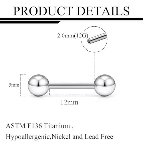 Ruifan Grade 23 Titanium Internally Threaded Nipple Piercing Jewelry Barbell Ring PA Tongue Rings Nipple Straight Body Piercing Jewelry for Women Men 16G 14G 12G 8G 6G 4G 2G - size: 12GA - 1/2" (12mm)