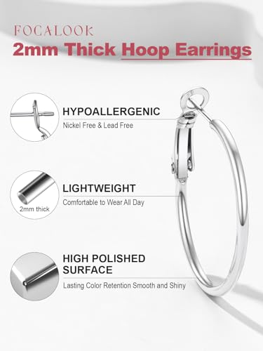 FOCALOOK 14K Gold Plated Lightweight Large Hoops| 2mm Thin Hoop Earrings for Women 30/40/50/70/100mm - color: 01.Silver, size: 30mm