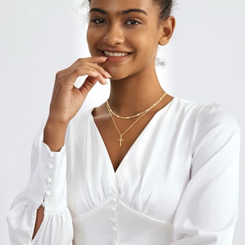 Airmb Cross Necklace for Women Gold/Silver Plated Layered Dainty Cross Chain Trendy Choker Satellite Charm Small Crucifix Pendant Gold/Silver Necklace Stackable Hypoallergenic Delicate Gift for Women - color: Gold-2PS Dot Chain