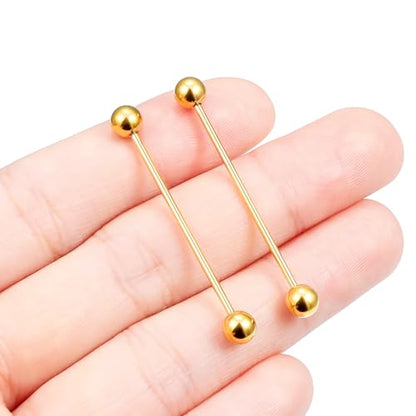 16G 14G Surgical Steel Tongue Rings Nipple Rings Industrial Piercing Jewelry Set Multi Size Straight Barbells 12mm 14mm 16mm 19mm 22mm 28mm 32mm 35mm 38mm 40mm 45mm for Women Men - color: goldtone, size: 16g,bar length 32mm