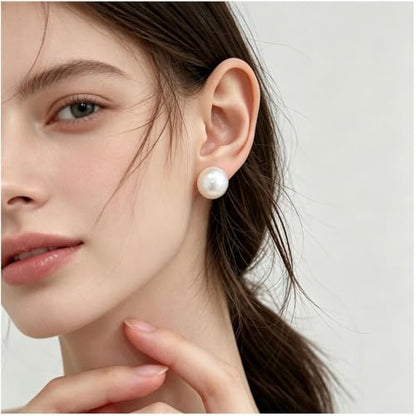 Oversized Faux Pearl Stud Earrings for Women, 14K Gold Plated Sterling Silver Hypoallergenic Large Classic Lightweight Pearl Earrings - size: White-14mm