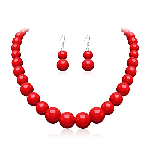 Cryshimmer Pearl Choker Necklace for Women Faux Pearl Beads Strand Necklace Earring Set Costume Jewelry,Gift for Wife Mother - color: Red-1