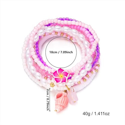 Boho Stackable Beaded Bracelet Set, Pink, Starfish Shell Pearl Charms, Elastic Handmade Layered Stretch Bracelets, Summer Beach Holiday Jewelry for Women - color: Pink B