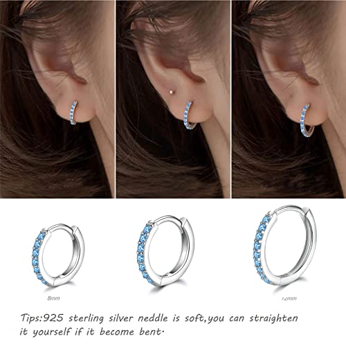 3 Pairs 925 Sterling Silver Small Hoop Earrings for Women Men | Cubic Zirconia, 14K White Gold Plated Huggie Hoop Earrings, Hypoallergenic - style: O-blue cz 8/10/12mm