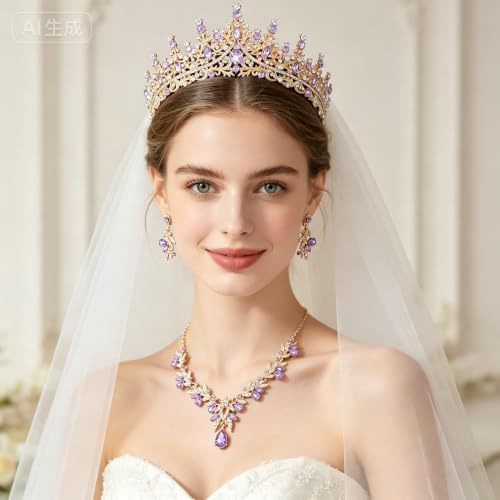 Kamirola Tiaras and Crowns for Women,Tiaras Earrings Necklace, Crystal Bridal Jewelry Set, Costume Jewelry for Women Party Halloween Prom Pageant - color: GOLD PURPLE