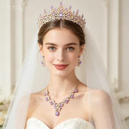 Kamirola Tiaras and Crowns for Women,Tiaras Earrings Necklace, Crystal Bridal Jewelry Set, Costume Jewelry for Women Party Halloween Prom Pageant - color: GOLD PURPLE