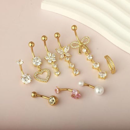Suotarn 14G Belly Button ring Dangle Belly Rings Surgical Stainless Steel Cute Bow Butterfly Heart Flower Dangling Belly Button Piercing Jewelry For Women Silver Dainty Dangly Navel Ring - color: gold