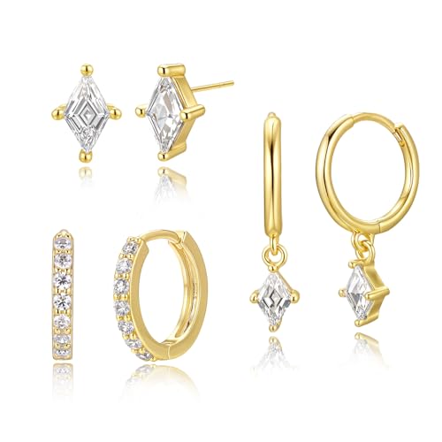 Earrings For Women 14K Gold/18K White Gold Plated Hypoallergenic 925 Sterling Silver Stud Trendy Minimalist Style For Formal Everyday Prom Bridal Bridal Wedding - color: Z-Set-Dangle Rhombus-Gold