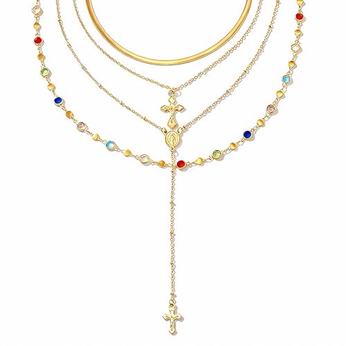 Layered Necklace for Women, Cross Pendant Y Necklace Set, 18K Gold Plated Dainty Stackable Jewelry Gift for Everyday Wear - style: 4PCS - F