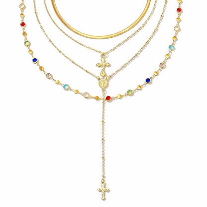 Layered Necklace for Women, Cross Pendant Y Necklace Set, 18K Gold Plated Dainty Stackable Jewelry Gift for Everyday Wear - style: 4PCS - F