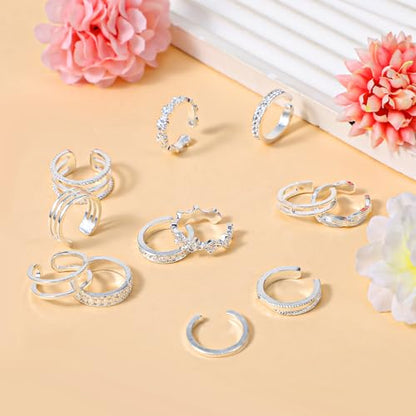 Tyqour 12PCS Gold Toe Rings Adjustable Toe Rings for Women Summer Toe Rings Set, Simple Style Beach Foot Jewelry Set - color: Silver