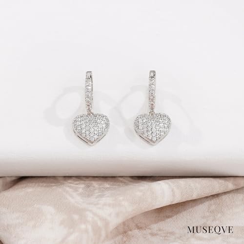 CZ Heart Dangle Earrings for Women 14K Gold Plated Pave Cubic Zirconia Heart Drop Huggie Hoop Earrings Minimalist Small Cute Crystal Love Jewelry Gifts Her Mom Daughter [HER-CZ] - color: Silver