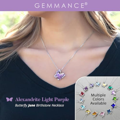 Butterfly Necklace, Birthstone Crystal, for Women, Silver Tone Pendant Jewelry, Anniversary Birthday Gift for Her, Wife & Mom, 18"+2" - color: 06-June Birthstone - Alexandrite Light Purple Crystal