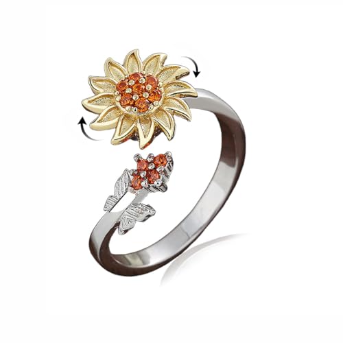 Hebelee Rotatable CZ Sunflower Spinner Ring for Women Fashion Crystal Rotating Flower Stackable Statement Open Wrap Finger Rings Comfort Fit Adjustable Fidget Anxiety Relieving Stress Jewelry - color: Red Flower