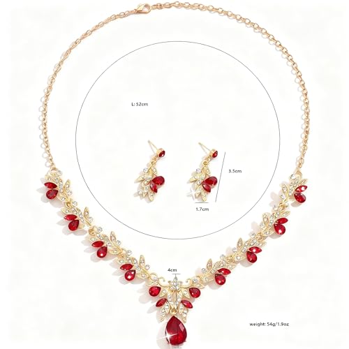 CJIAYUJEW Cubic Zirconia Wedding Jewelry Sets for Bride Bridesmaid Cluster Crystal Teardrop Pendants Jewelry Set Necklace Earring for Brides Bridesmaid for Wedding Party - color: Red