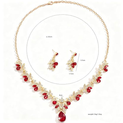 CJIAYUJEW Cubic Zirconia Wedding Jewelry Sets for Bride Bridesmaid Cluster Crystal Teardrop Pendants Jewelry Set Necklace Earring for Brides Bridesmaid for Wedding Party - color: Red