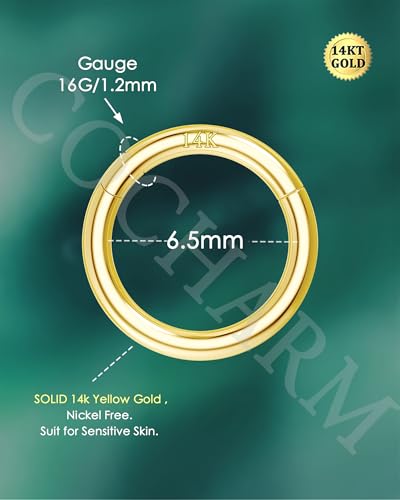 14K Solid Gold Nose Rings, Yellow Gold, 18g/16g/20g | For Women Man, Real Gold, 14Kt, Tiny Seamless Hoop, Nose Piercing, Cartilage Earring, Hypoallergenic - color: HoopA, size: 16g- 6.5mm