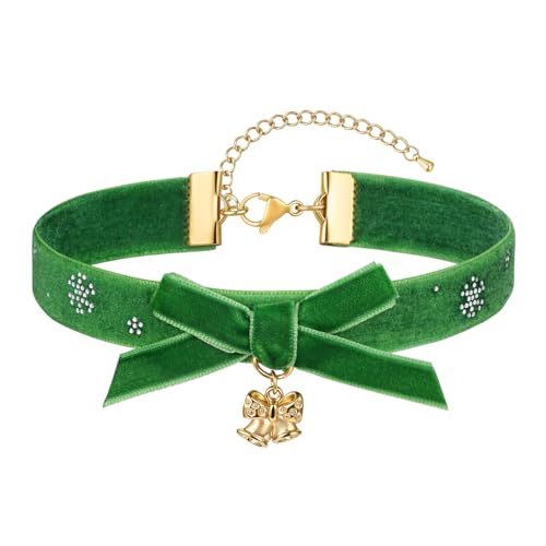 FOSIR Velvet Choker for Slender Neck, 14k Gold Plated Sainless Steel Heart/Snowman/Deer/Hat/Tree/Bell/Pendant Collar Necklace for Women, Adjustable Soft Skin-Friendly Velvet Jewelry Gifts - color: Green Choker-Bell