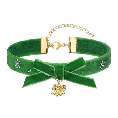 FOSIR Velvet Choker for Slender Neck, 14k Gold Plated Sainless Steel Heart/Snowman/Deer/Hat/Tree/Bell/Pendant Collar Necklace for Women, Adjustable Soft Skin-Friendly Velvet Jewelry Gifts - color: Green Choker-Bell
