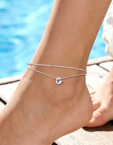 ChainsHouse Initial Ankle Bracelets for Women Waterproof, 14K Gold Plated Layered Initial Anklets Non Tarnish, Adjustable Stainless Steel Women's Ankle Summer Beach Foot Jewelry - color: Stainless Steel, size: Initial G