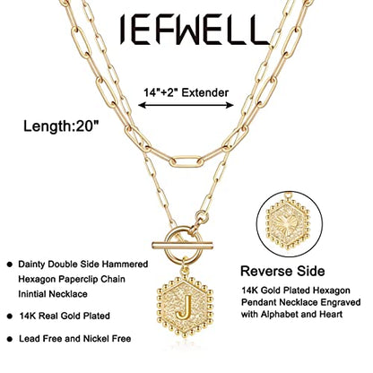 IEFWELL Layered Gold Necklaces for Women, Letter A-Z Initial Necklaces | Necklaces for Women Girls, 14K Gold Plated, Paperclip Chain Necklace, Toggle Clasp Layered Necklace, Jewelry Birthday Gift - size: 14"+2"/20", style: J