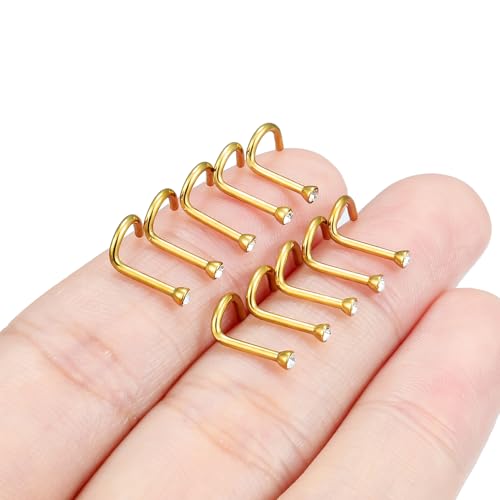 Hoeudjo Nose Studs Surgical Steel Cubic Zirconia Nose Rings Kit for Women Men Tiny Nose Stud Bone & Screw & L Shaped Nostril Piercing Jewelry 18/20/22/24 Gauge 10 Pieces - color: gold-tone,screw nose studs, size: 18g/2mm clear CZ