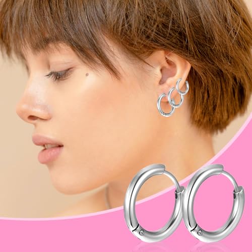 5 Pairs Solid Titanium Hoop Earrings Silver Small Stainless Steel Hoop Earrings 8mm 10mm 12mm 14mm 16mm Huggie Earring Hoops for Women Men