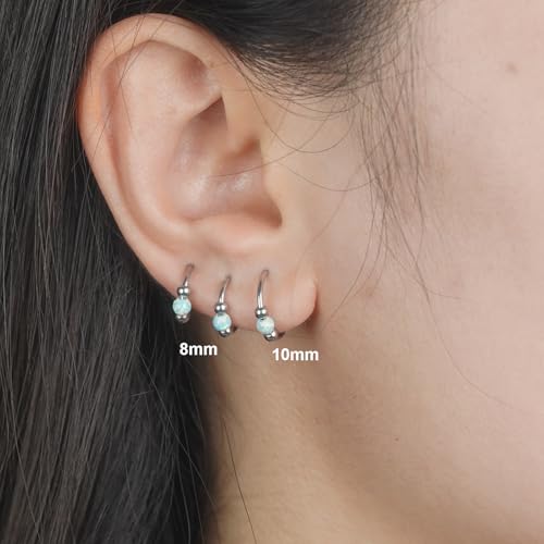 2PCS 18G Opal Cartilage Hoop Earrings, Hypoallergenic Silver Huggie Hoops | 316L Surgical Stainless Steel, 8mm 10mm sizes, hinged closure for easy wear, helix, tragus, conch, nose and daily styling - style: 1Pc8mm+1Pc10mm White Opal/Silver