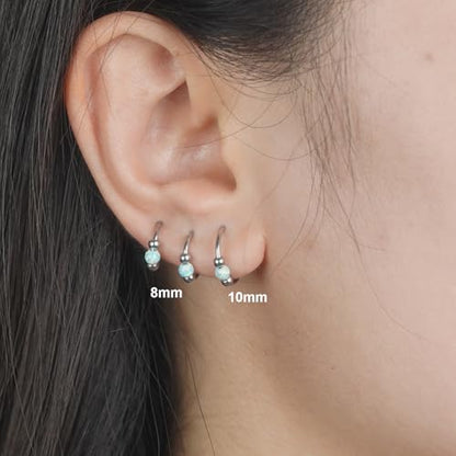 2PCS 18G Opal Cartilage Hoop Earrings, Hypoallergenic Silver Huggie Hoops | 316L Surgical Stainless Steel, 8mm 10mm sizes, hinged closure for easy wear, helix, tragus, conch, nose and daily styling - style: 1Pc8mm+1Pc10mm White Opal/Silver